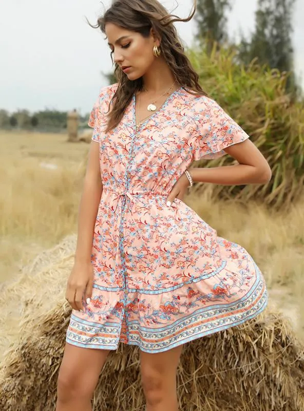 FLORAL SHORT SLEEVE SPLIT-JOINT BOHEMIAN SHORT DRESS