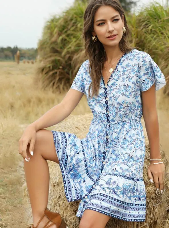 FLORAL SHORT SLEEVE SPLIT-JOINT BOHEMIAN SHORT DRESS