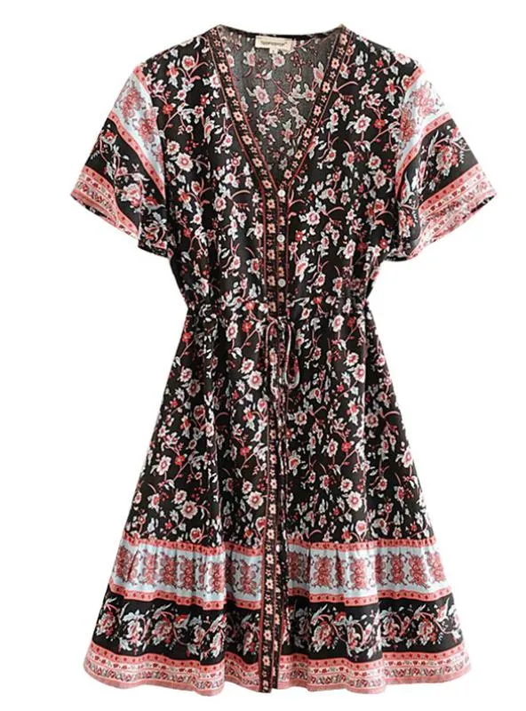 FLORAL SHORT SLEEVE SPLIT-JOINT BOHEMIAN SHORT DRESS