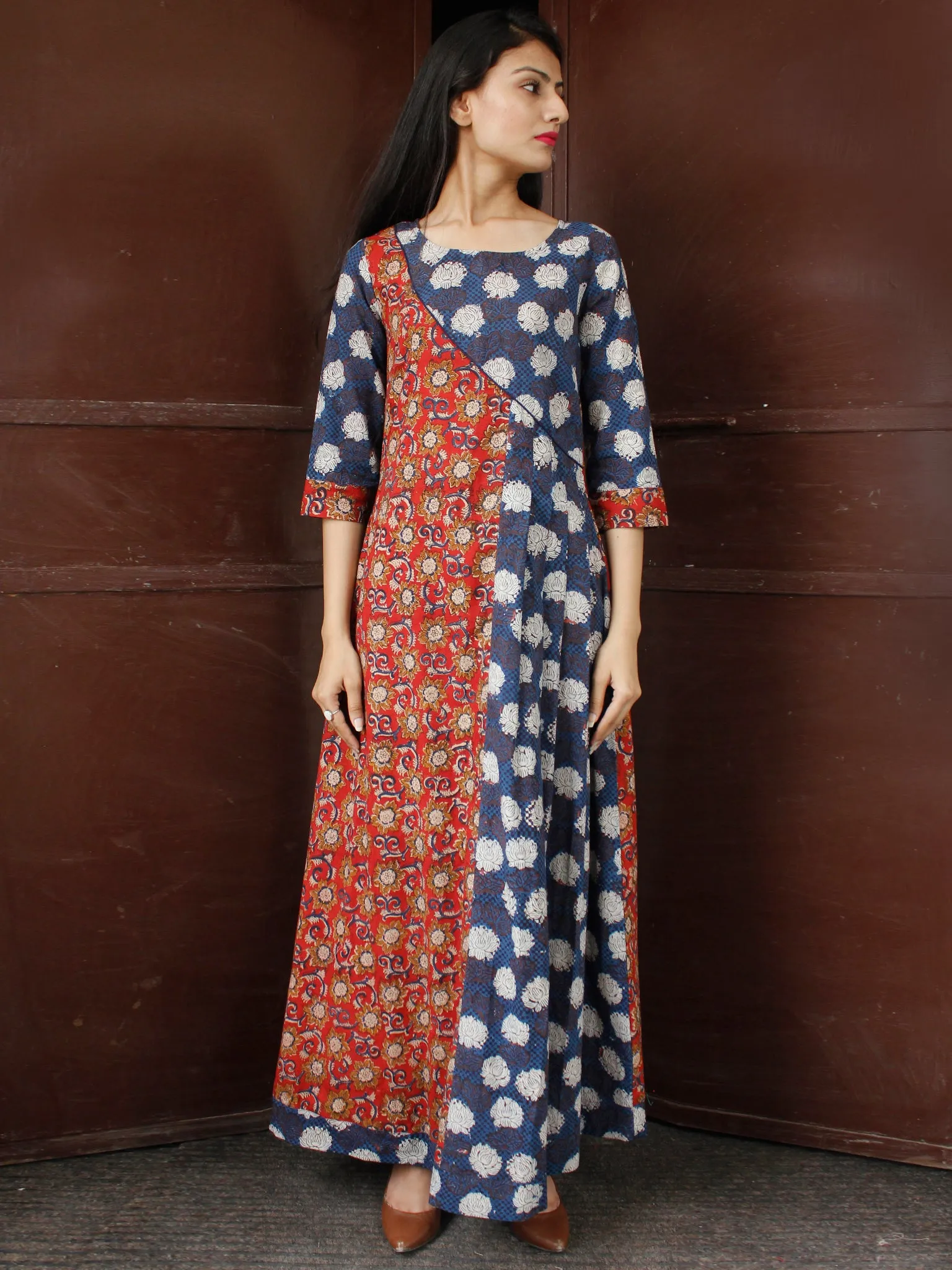 FLOWER MOSIAC - Hand Block Printed Long Cotton Dress - D344F1813