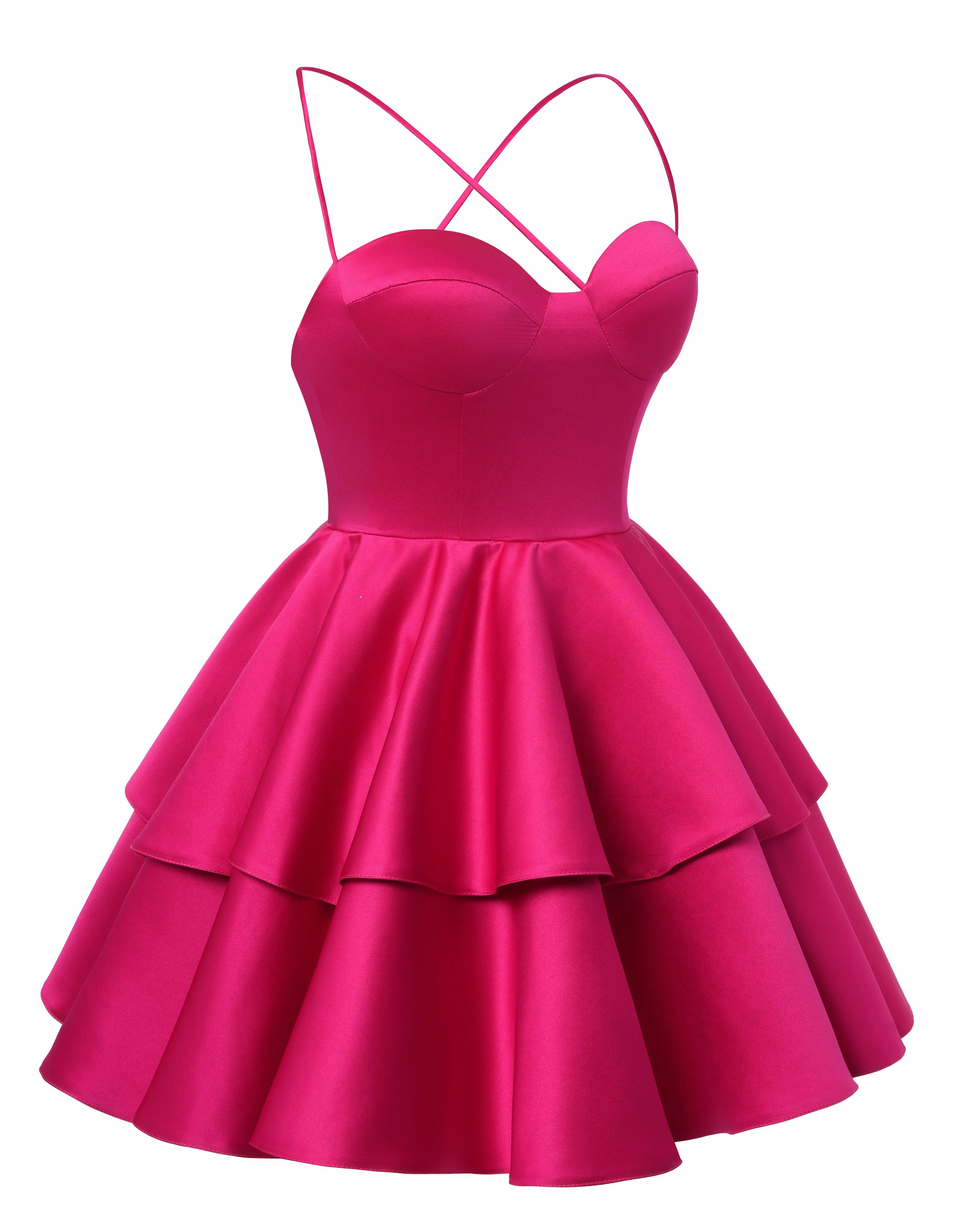 Fuchsia Satin Homecoming Dress Sweetheart Neck Tiered Short Graduation Dresses