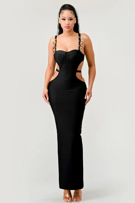 Gold Hearts Side Cut Out Black Bandage Sexy Maxi Dress KESLEY