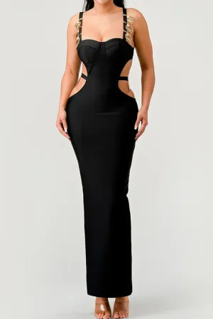 Gold Hearts Side Cut Out Black Bandage Sexy Maxi Dress KESLEY