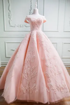 Gorgeous Pink Off The Shoulder Ball Gown Prom Dresses With Appliques