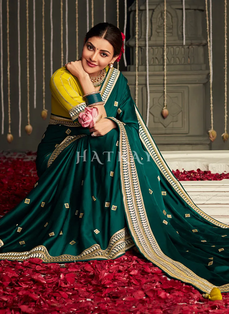 Green And Yellow Embroidered Satin Silk Saree