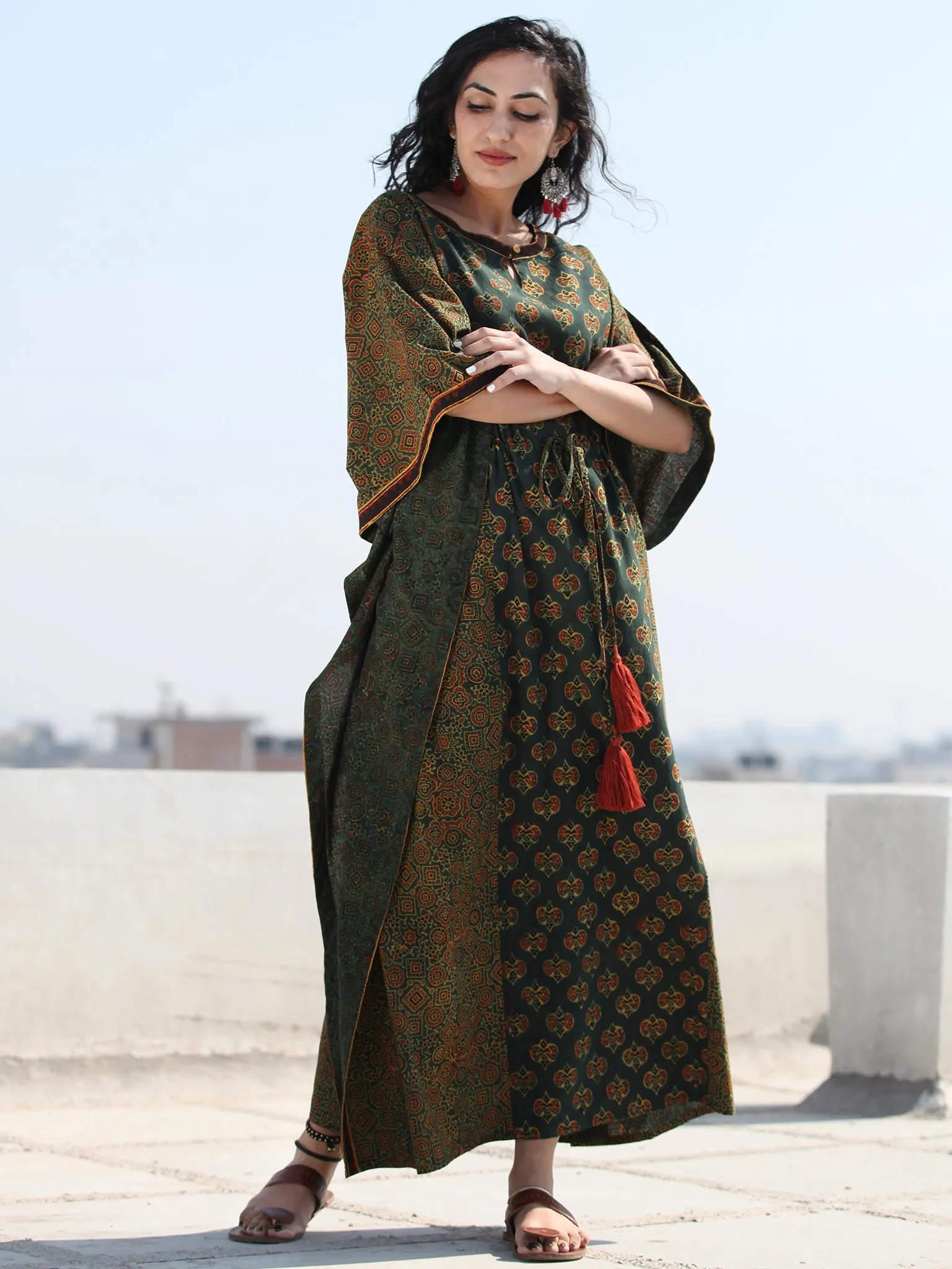 Green Mustard Ajrakh Hand Block Printed Kaftan - K119F1759