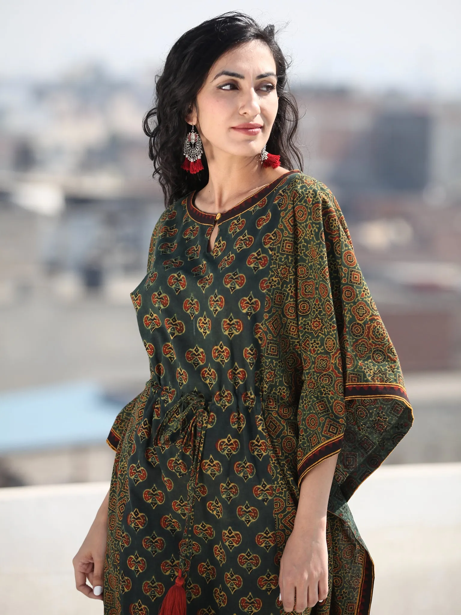 Green Mustard Ajrakh Hand Block Printed Kaftan - K119F1759