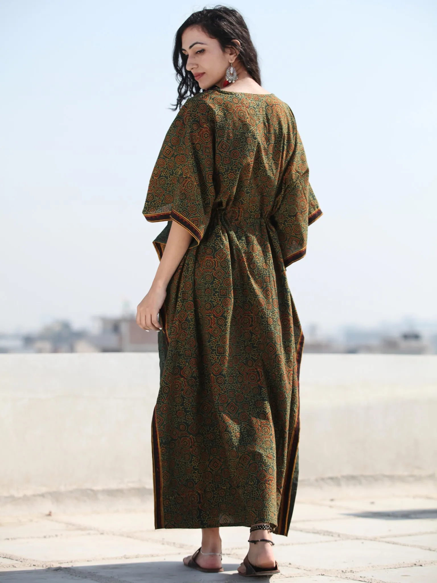 Green Mustard Ajrakh Hand Block Printed Kaftan - K119F1759