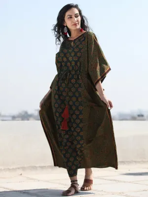 Green Mustard Ajrakh Hand Block Printed Kaftan - K119F1759