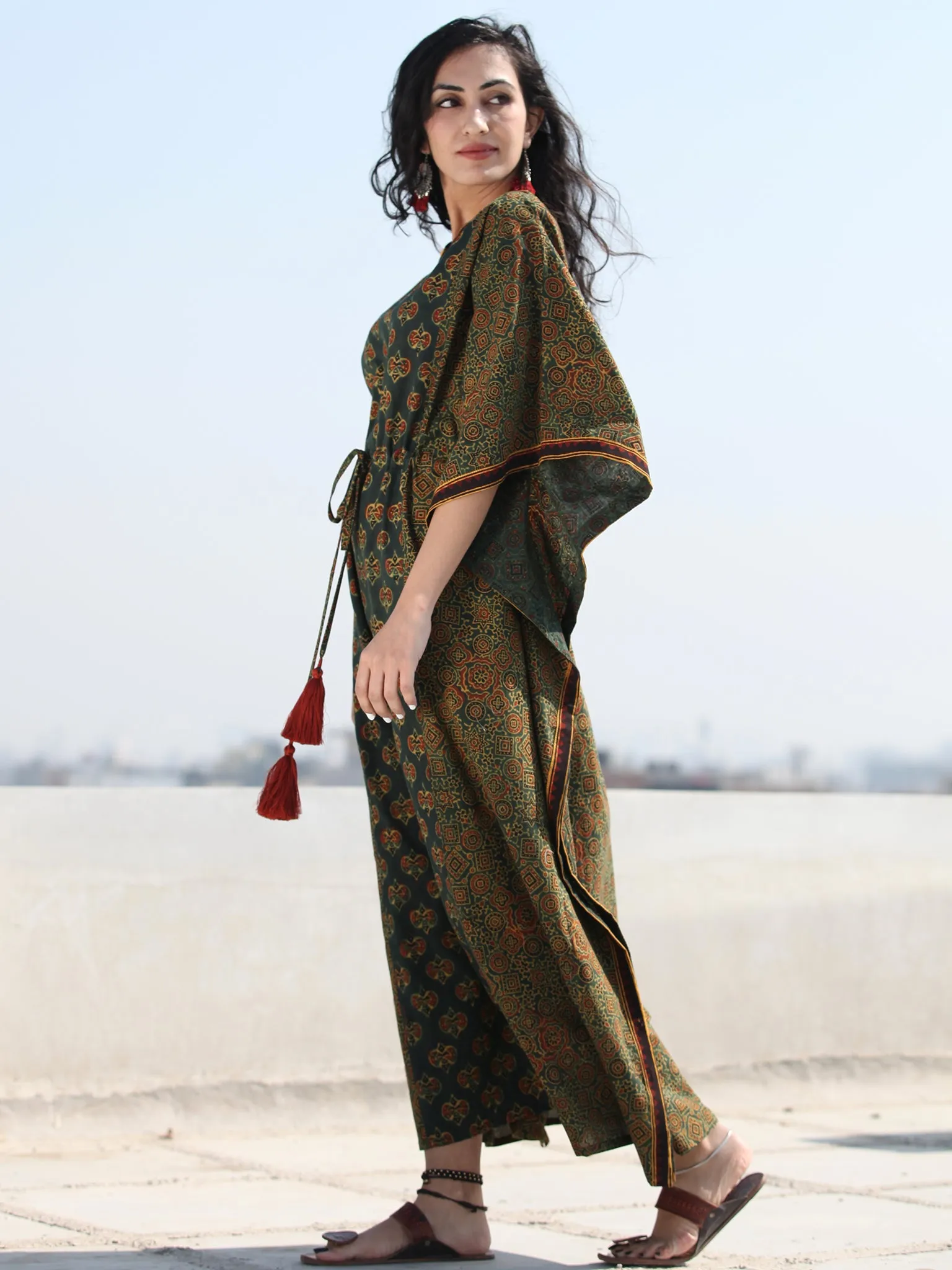 Green Mustard Ajrakh Hand Block Printed Kaftan - K119F1759