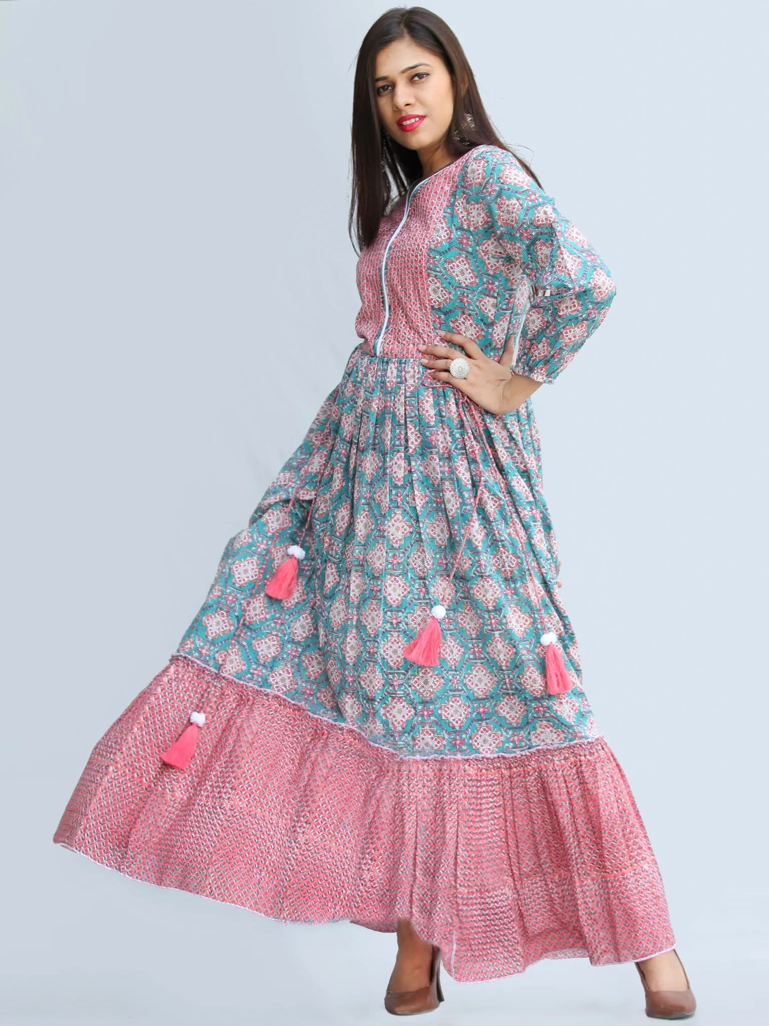 Gulzar Ibadat - Hand Block Printed Tiered Long Dress With Tassels - D430F2267