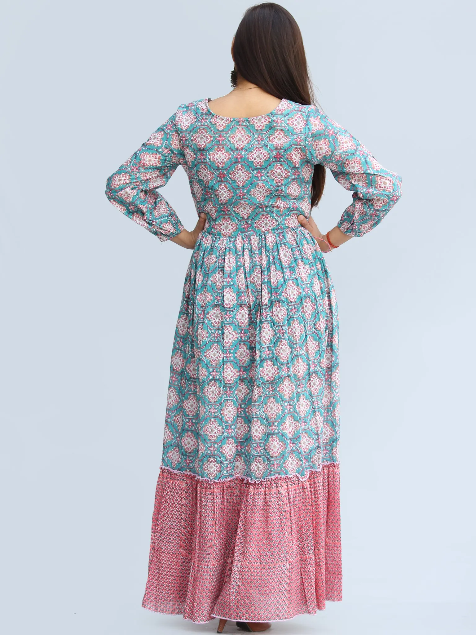 Gulzar Ibadat - Hand Block Printed Tiered Long Dress With Tassels - D430F2267