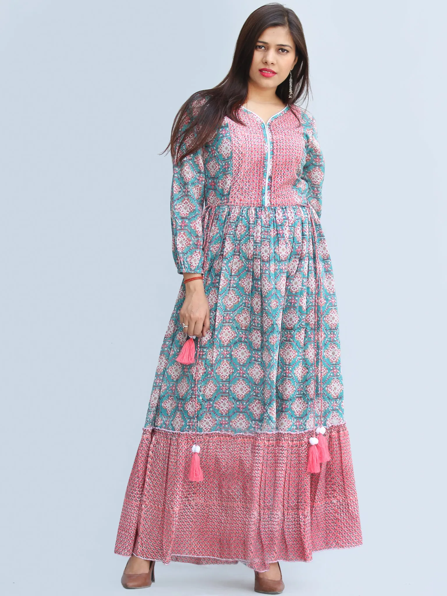 Gulzar Ibadat - Hand Block Printed Tiered Long Dress With Tassels - D430F2267