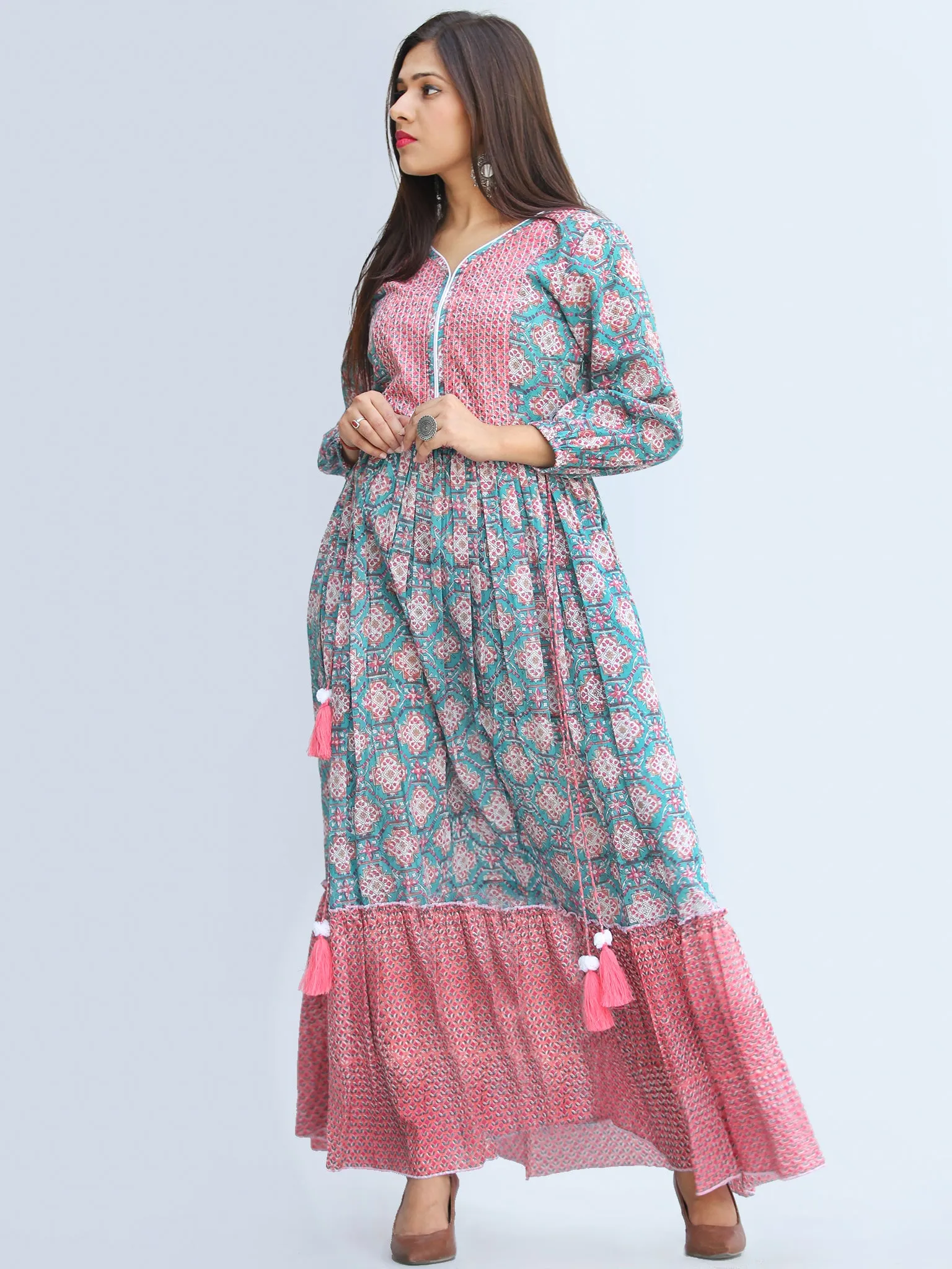 Gulzar Ibadat - Hand Block Printed Tiered Long Dress With Tassels - D430F2267