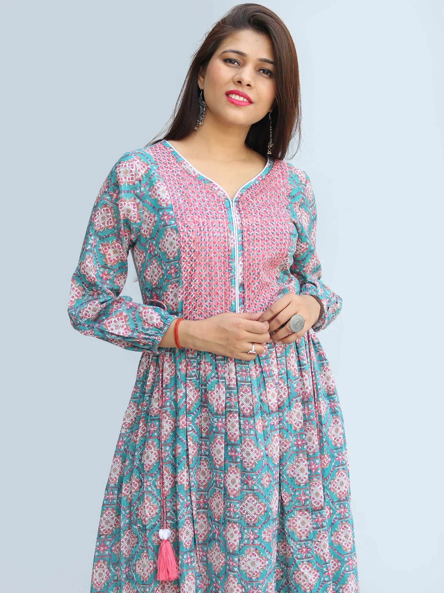 Gulzar Ibadat - Hand Block Printed Tiered Long Dress With Tassels - D430F2267