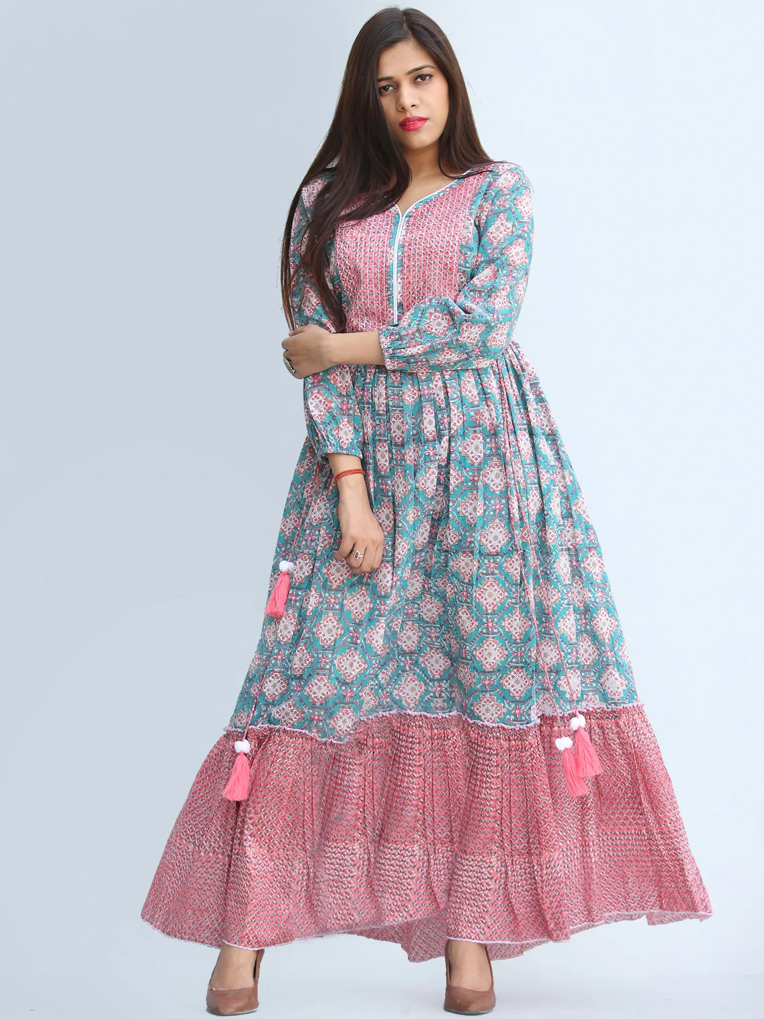 Gulzar Ibadat - Hand Block Printed Tiered Long Dress With Tassels - D430F2267