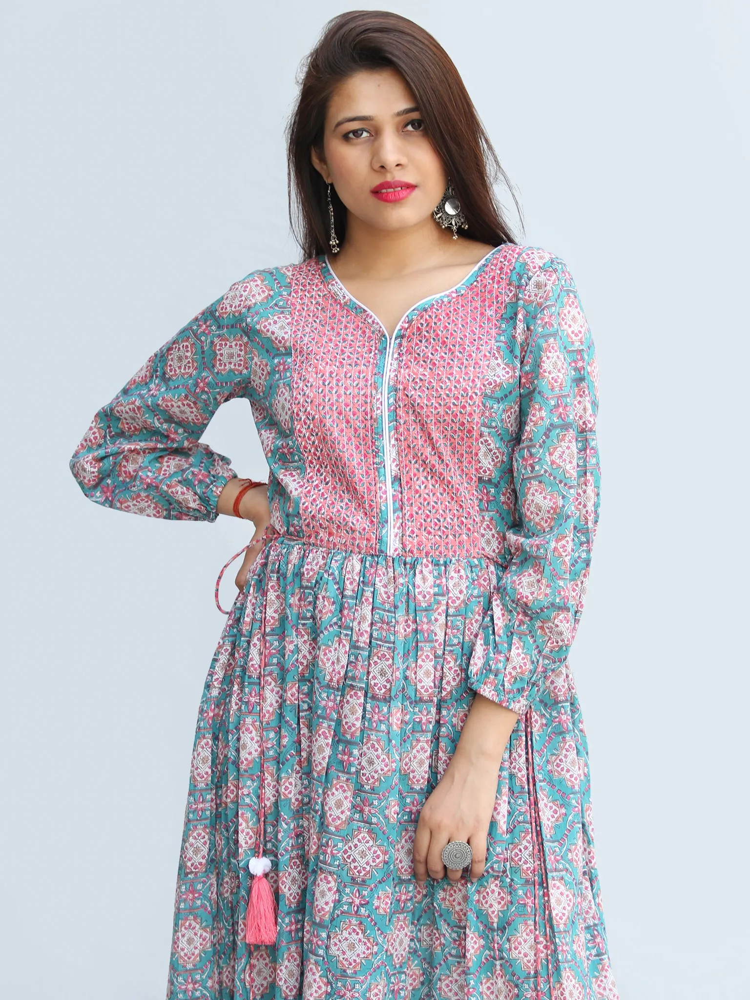 Gulzar Ibadat - Hand Block Printed Tiered Long Dress With Tassels - D430F2267