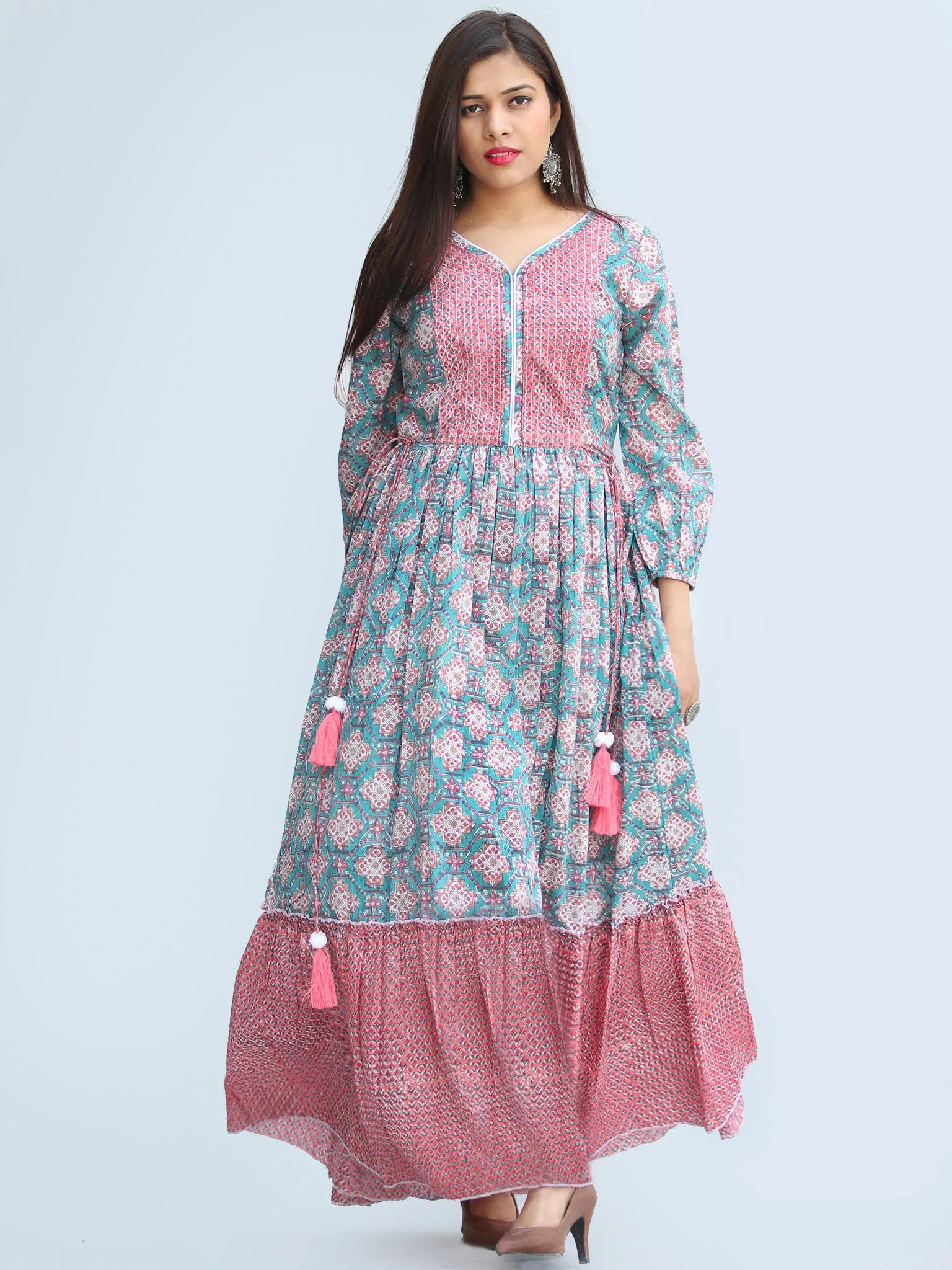 Gulzar Ibadat - Hand Block Printed Tiered Long Dress With Tassels - D430F2267