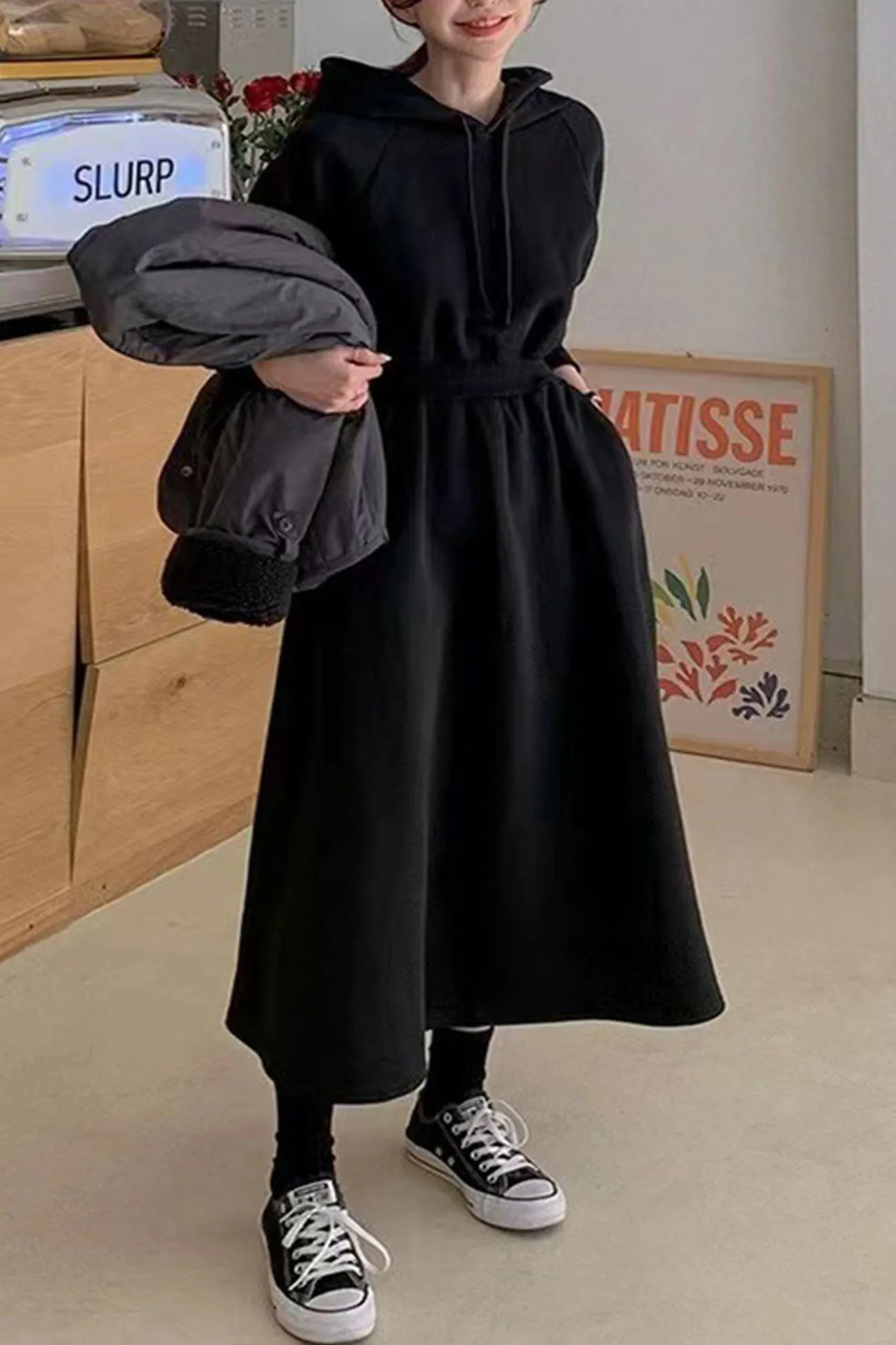 High Elastic Waist Long Hoodie Dress