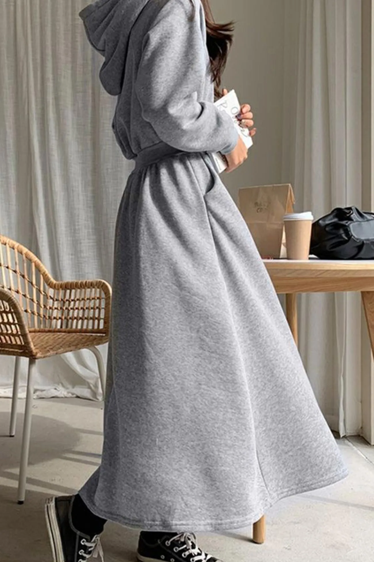 High Elastic Waist Long Hoodie Dress