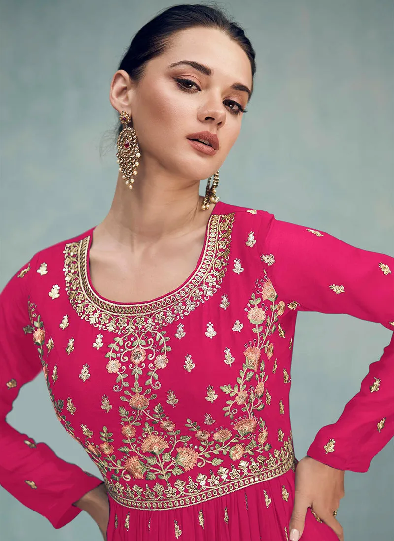 Hot Pink Sequence Embroidered Wedding Palazzo Suit