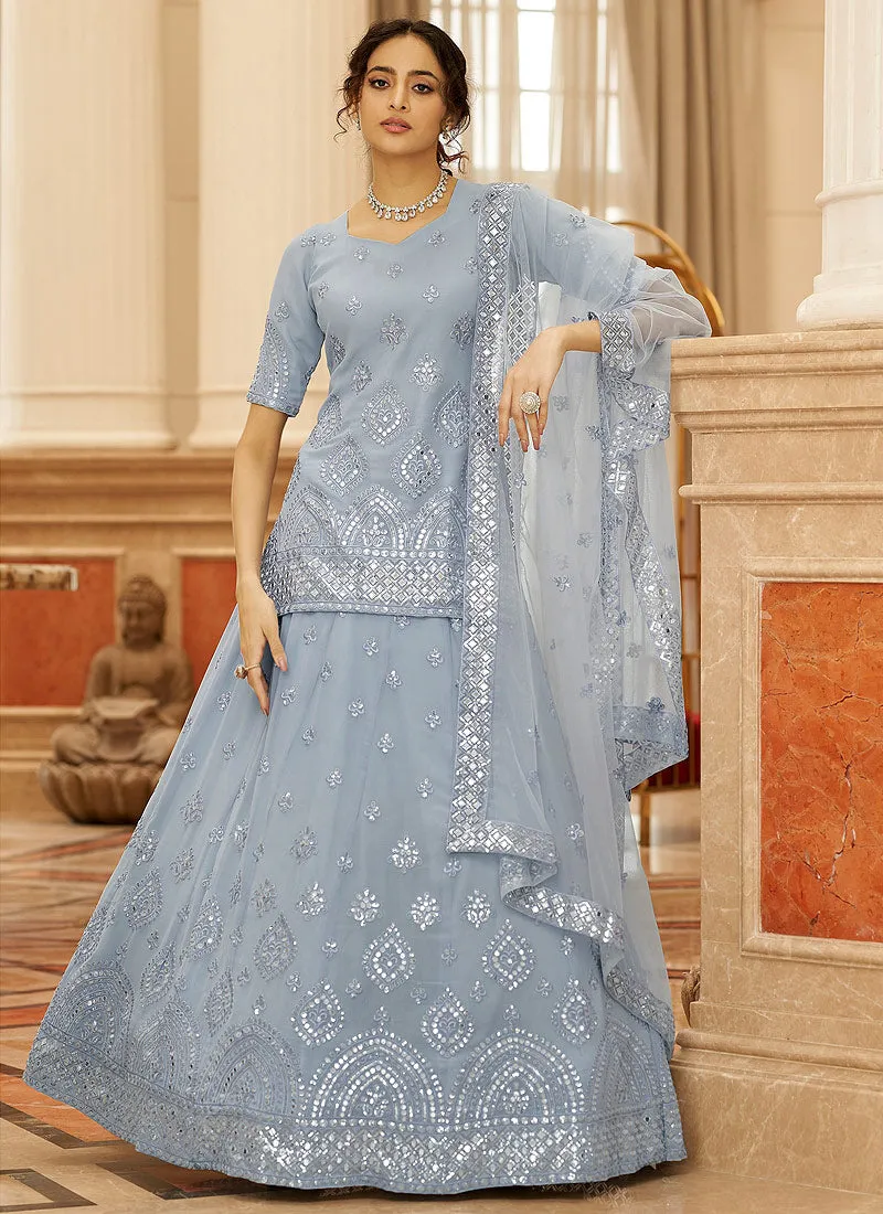 Ice Blue Embroidered Lehenga Kurti