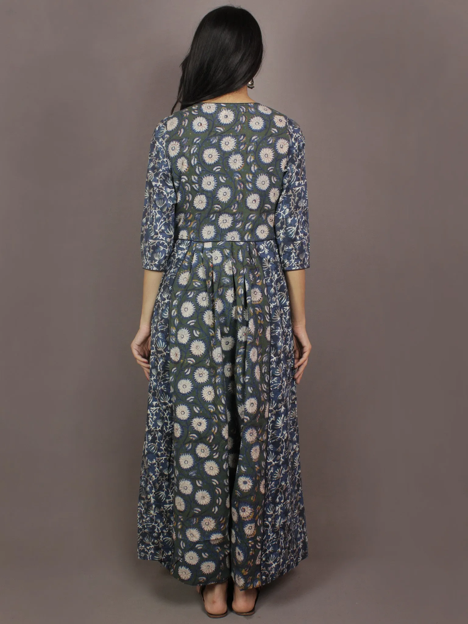 Indigo Basil Green Beige Ivory Hand Block Printed Long Princess Line Cotton Dress With Pockets - D2740301