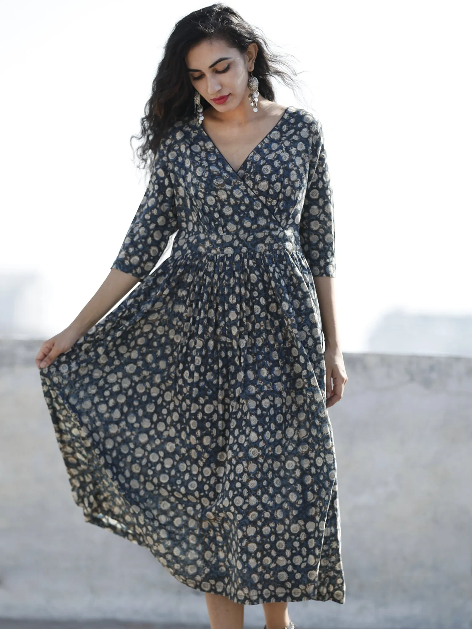 Indigo Black Ivory Bown Hand Block Printed Cotton Midi Dress  - D98F886