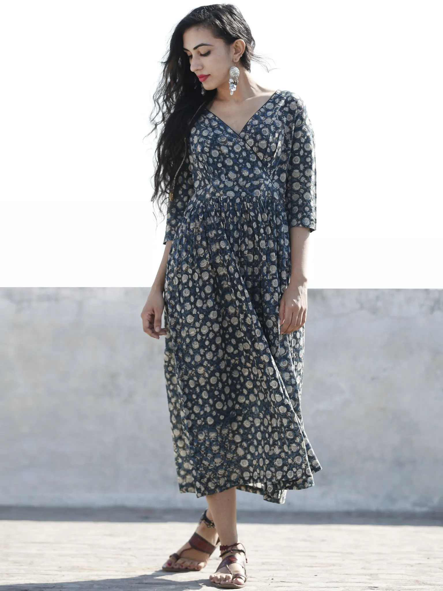 Indigo Black Ivory Bown Hand Block Printed Cotton Midi Dress  - D98F886