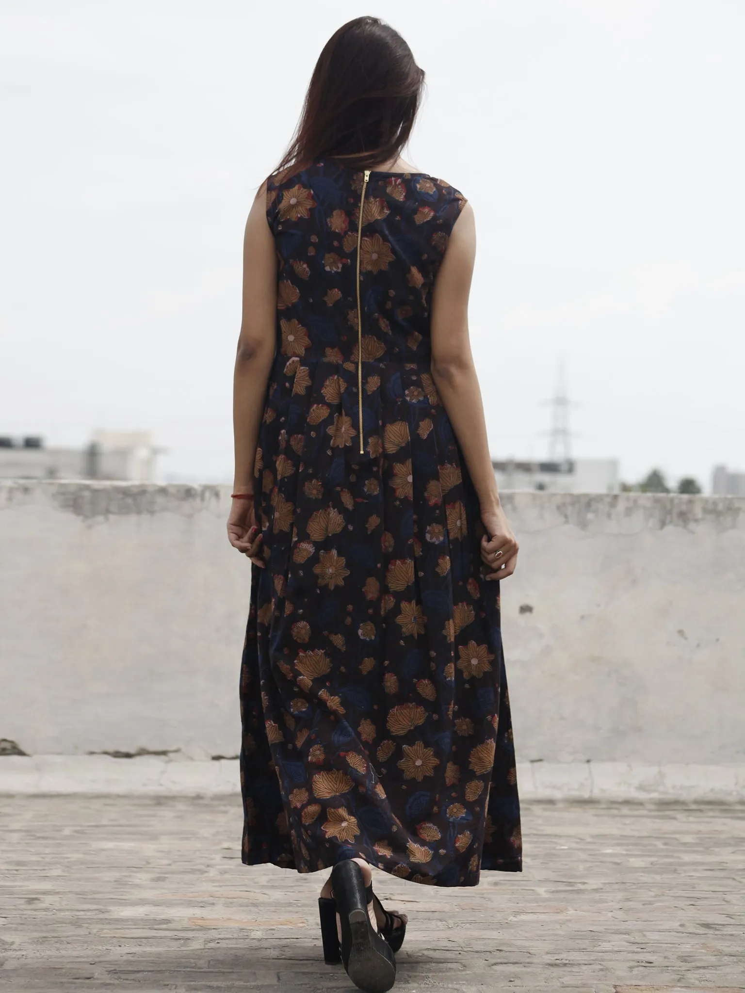 Indigo Brown Black Long Sleeveless Hand Block Printed Cotton Dress With Knife Pleats & Side Pockets - D32F984