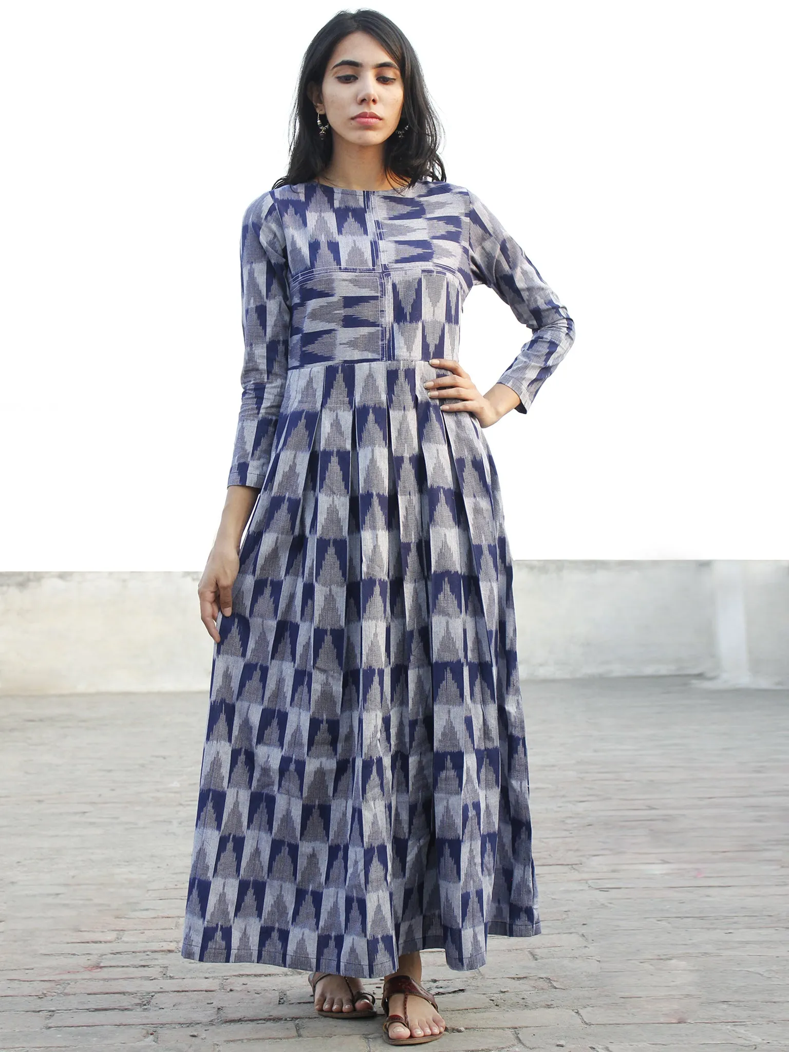 Indigo Grey  Handwoven Long Ikat Dress With Thread Details-  D177F1053