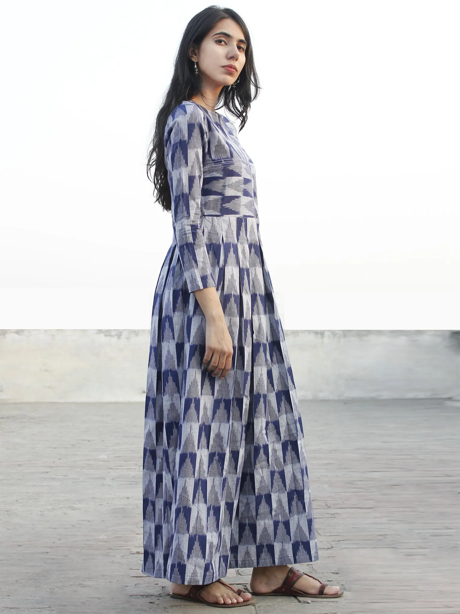 Indigo Grey  Handwoven Long Ikat Dress With Thread Details-  D177F1053