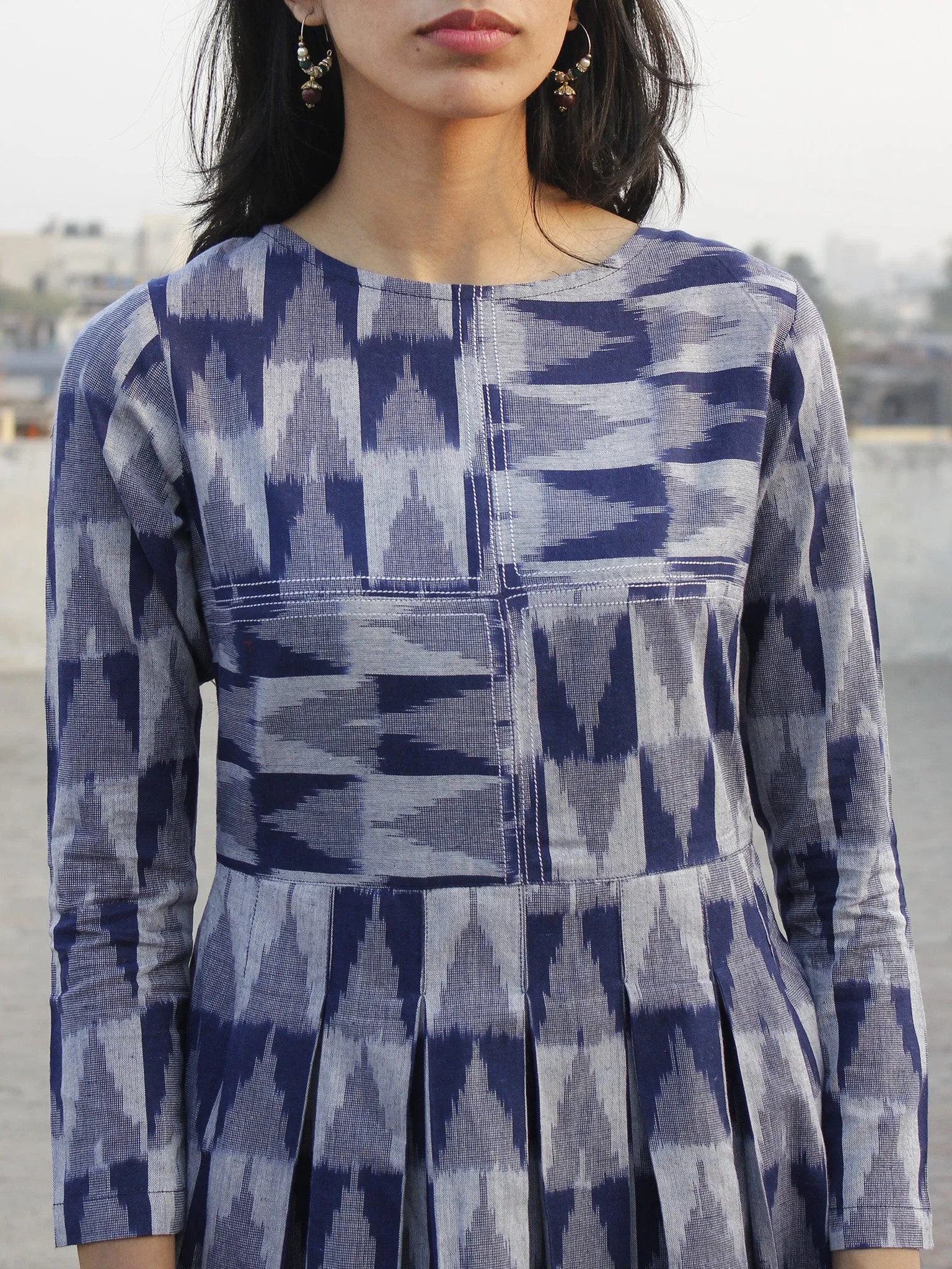 Indigo Grey  Handwoven Long Ikat Dress With Thread Details-  D177F1053