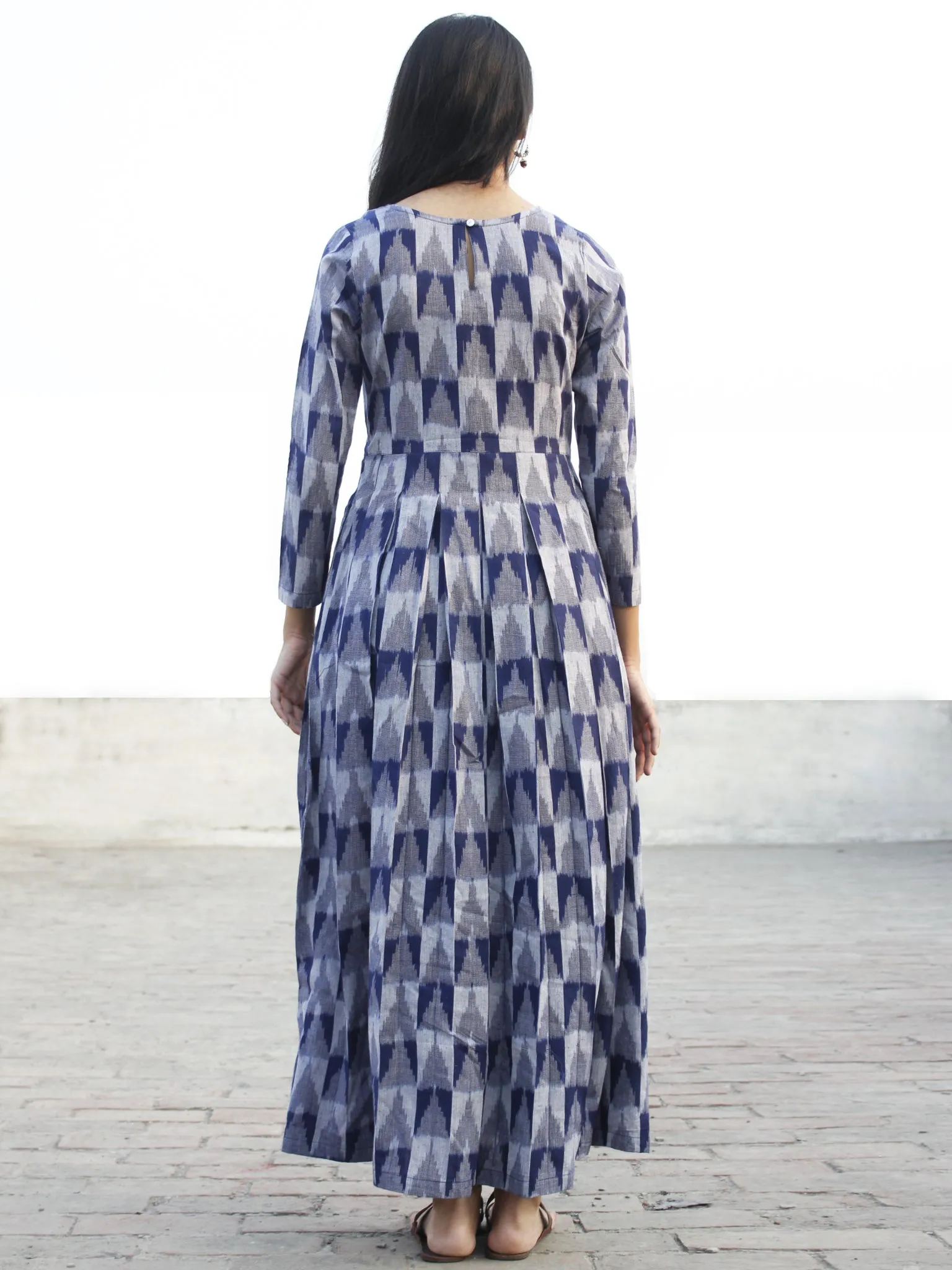 Indigo Grey  Handwoven Long Ikat Dress With Thread Details-  D177F1053