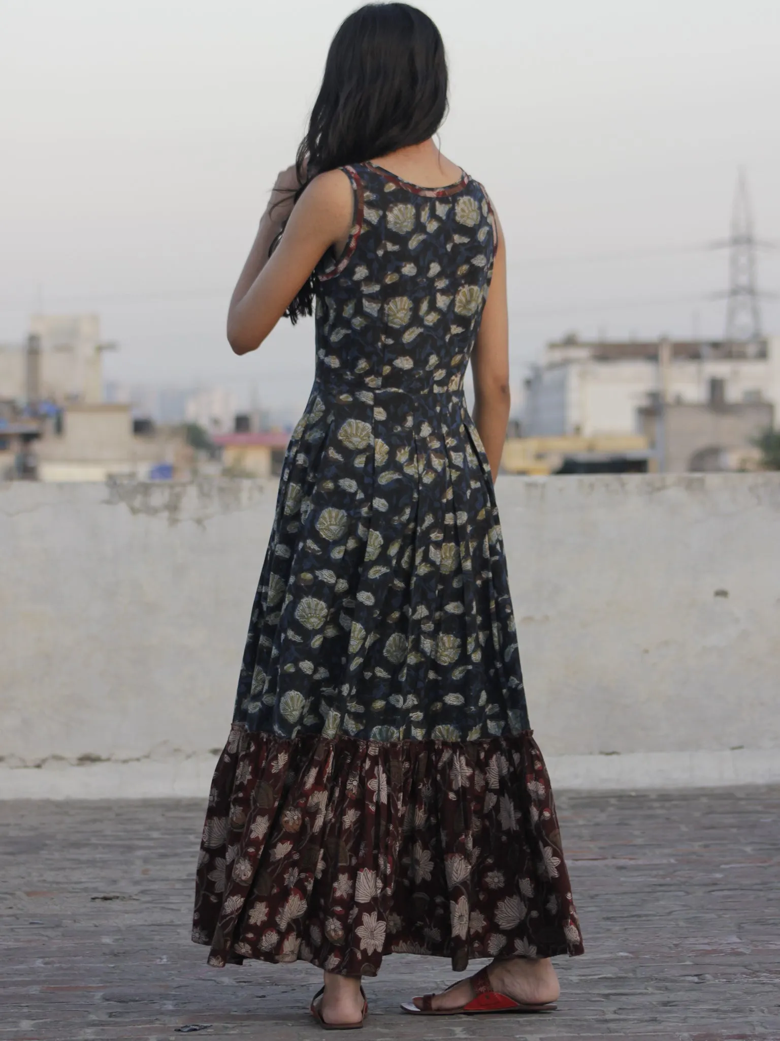 Indigo Maroon Brown Ivory Black Hand Block Mughal Printed Sleeveless Tier Cotton Dress With Box Pleats & Side Pockets - D67F621