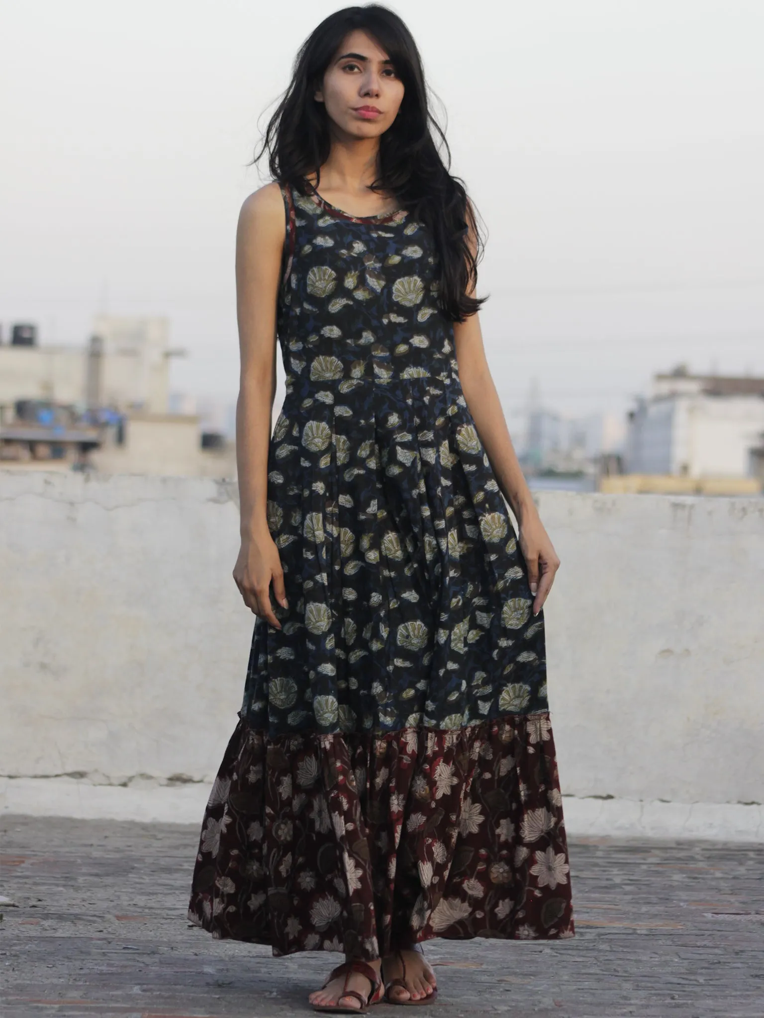 Indigo Maroon Brown Ivory Black Hand Block Mughal Printed Sleeveless Tier Cotton Dress With Box Pleats & Side Pockets - D67F621