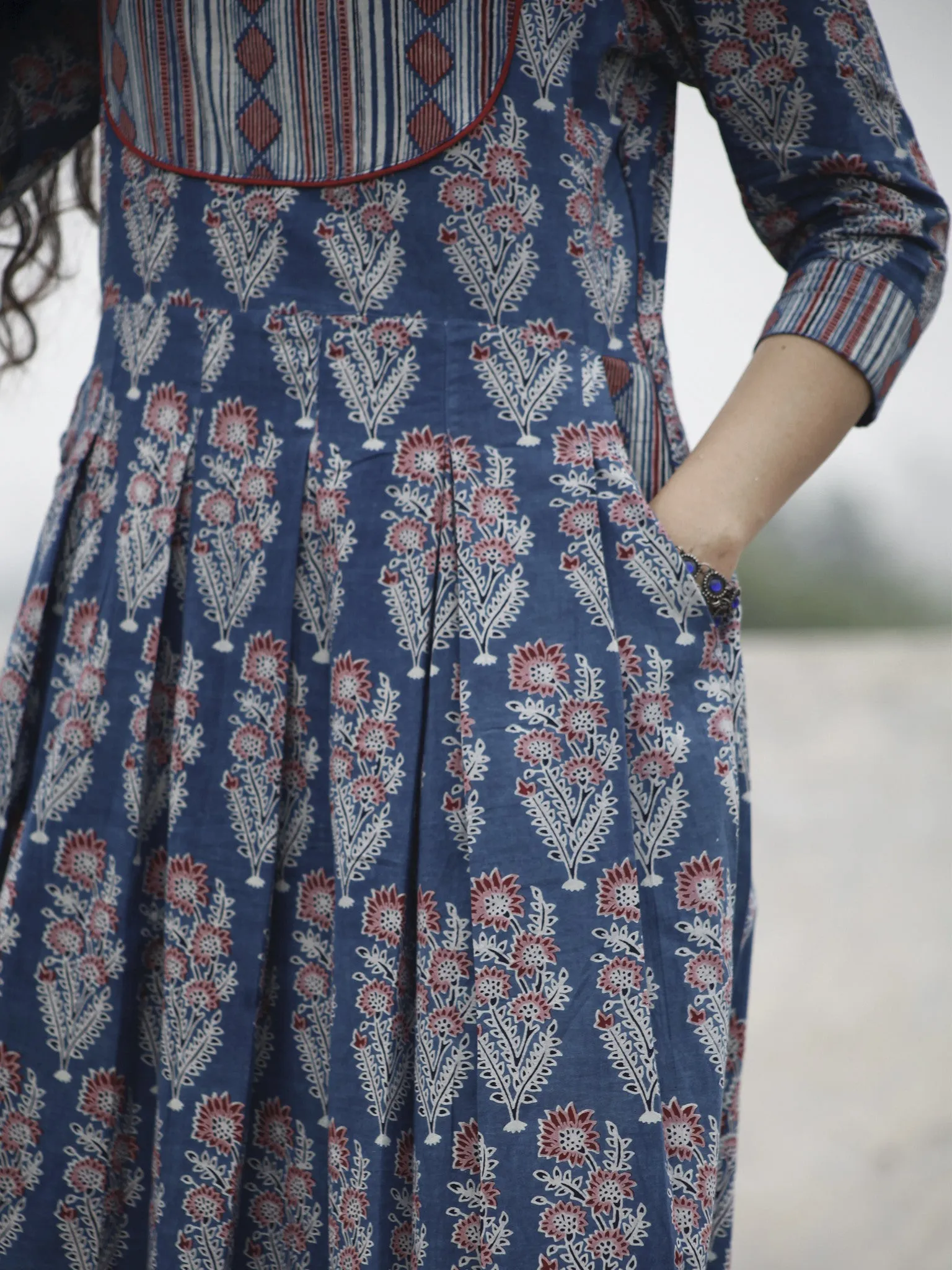 Indigo Maroon Ivory Black Pleated Ajrakh Printed Cotton Midi Dress with Side Pockets   - D71F845