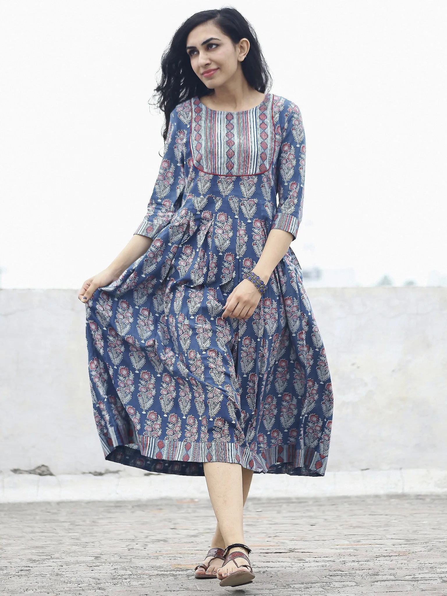 Indigo Maroon Ivory Black Pleated Ajrakh Printed Cotton Midi Dress with Side Pockets   - D71F845