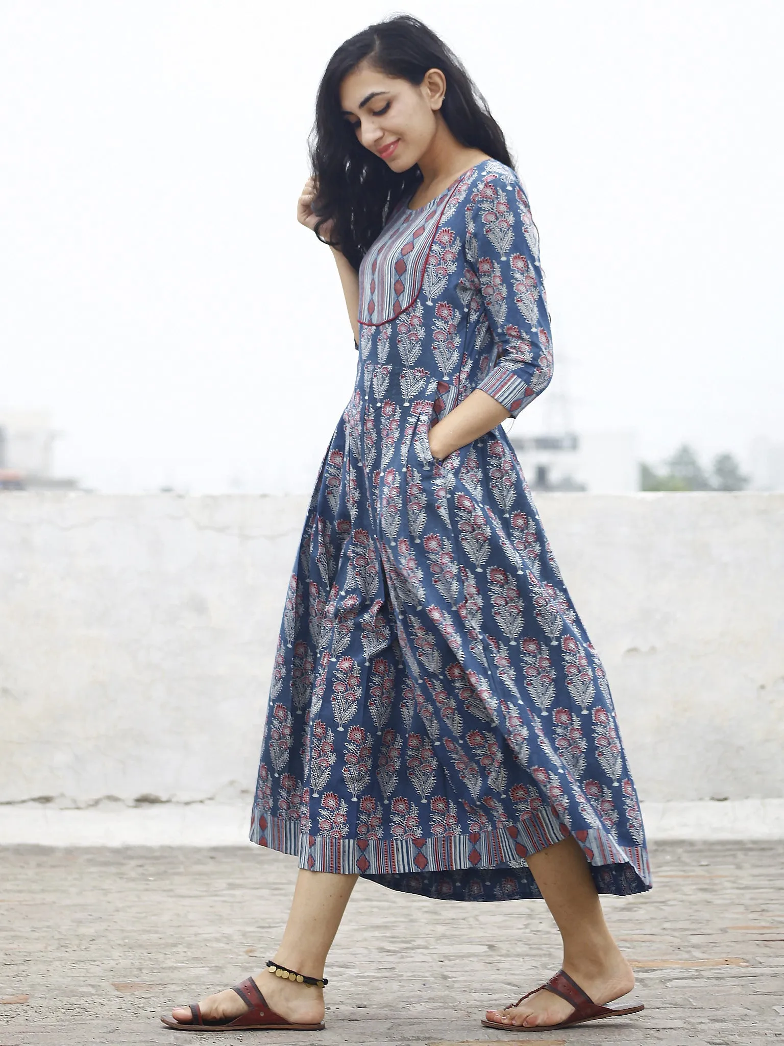 Indigo Maroon Ivory Black Pleated Ajrakh Printed Cotton Midi Dress with Side Pockets   - D71F845