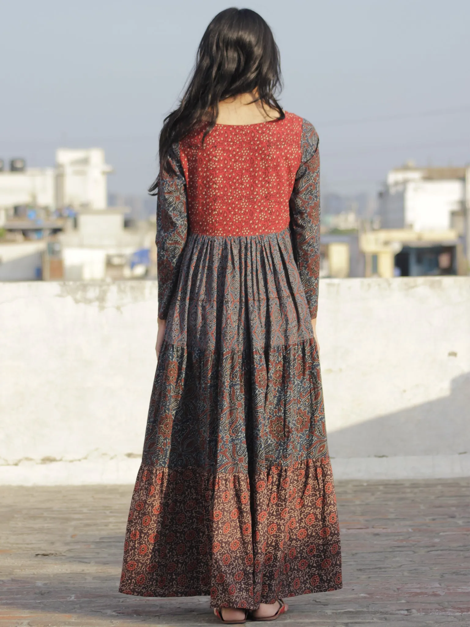 Indigo Maroon Red Yellow Ajrakh Hand Block Printed Tier Dress  -  D95F649