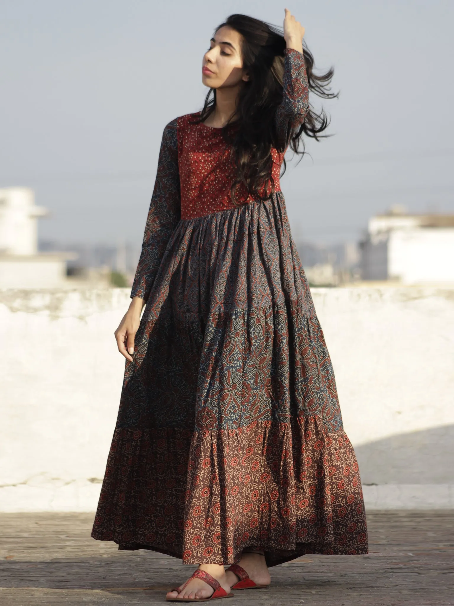 Indigo Maroon Red Yellow Ajrakh Hand Block Printed Tier Dress  -  D95F649