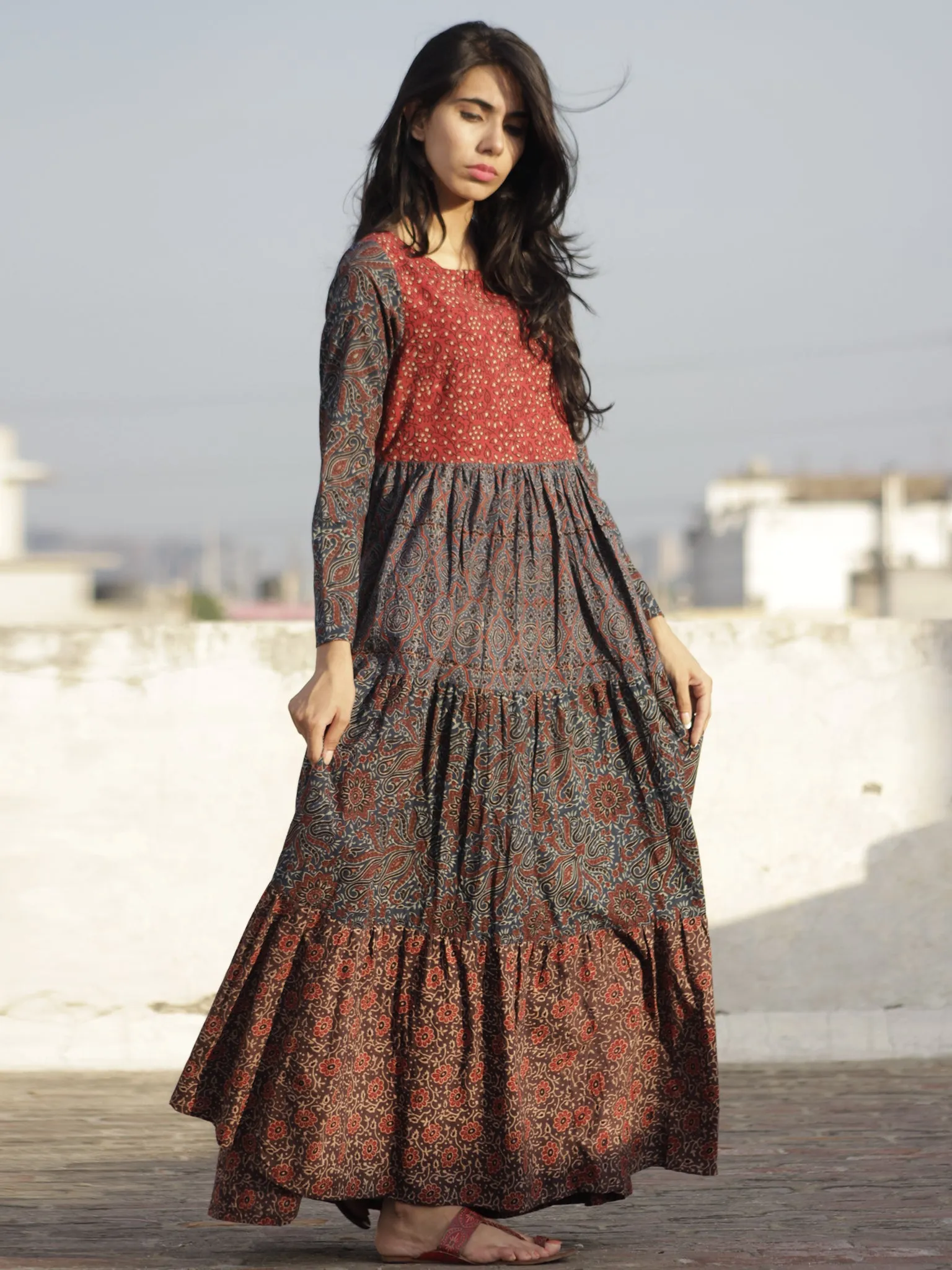 Indigo Maroon Red Yellow Ajrakh Hand Block Printed Tier Dress  -  D95F649