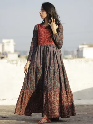 Indigo Maroon Red Yellow Ajrakh Hand Block Printed Tier Dress  -  D95F649