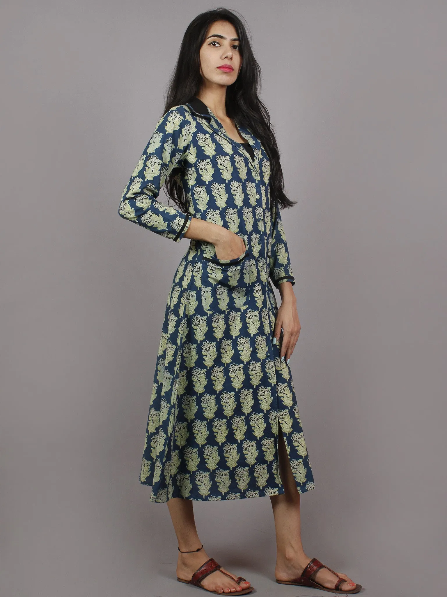 Indigo Mint Green Black Ajrakh Printed Cotton Dress With Front Pockets - D4764201