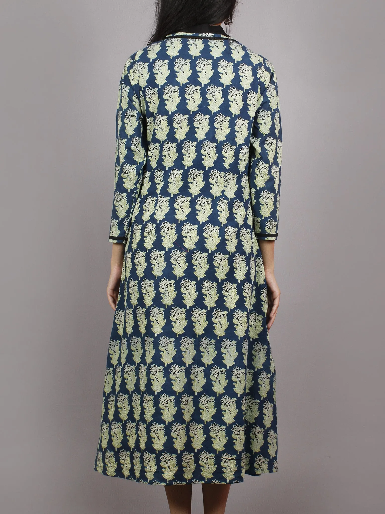 Indigo Mint Green Black Ajrakh Printed Cotton Dress With Front Pockets - D4764201