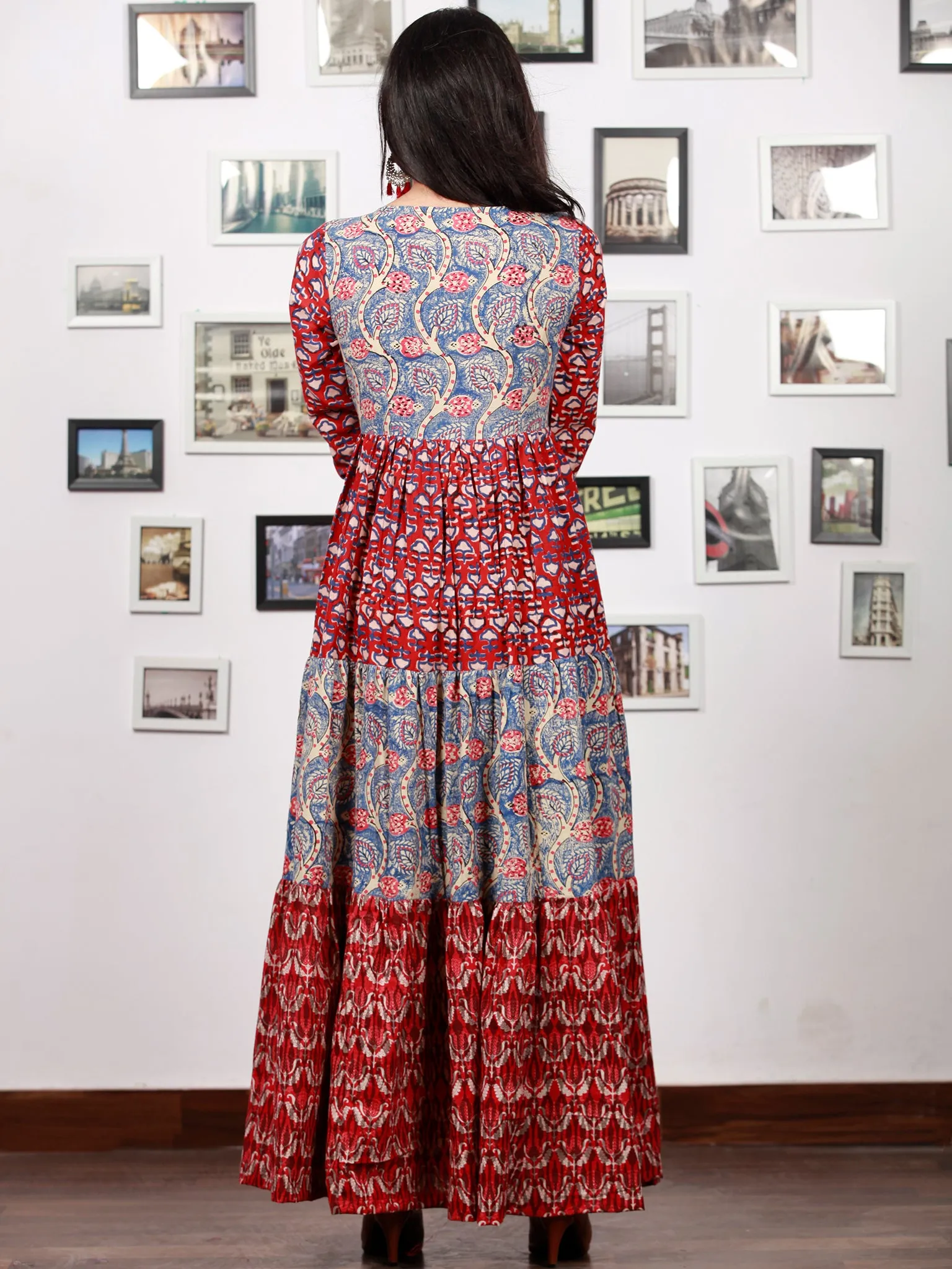 Indigo Red Beige Pink Hand Block Printed Long Cotton Tier Dress  -  D95F1379