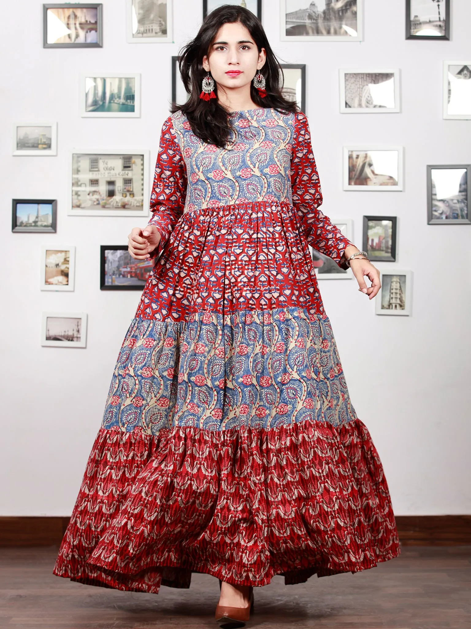 Indigo Red Beige Pink Hand Block Printed Long Cotton Tier Dress  -  D95F1379