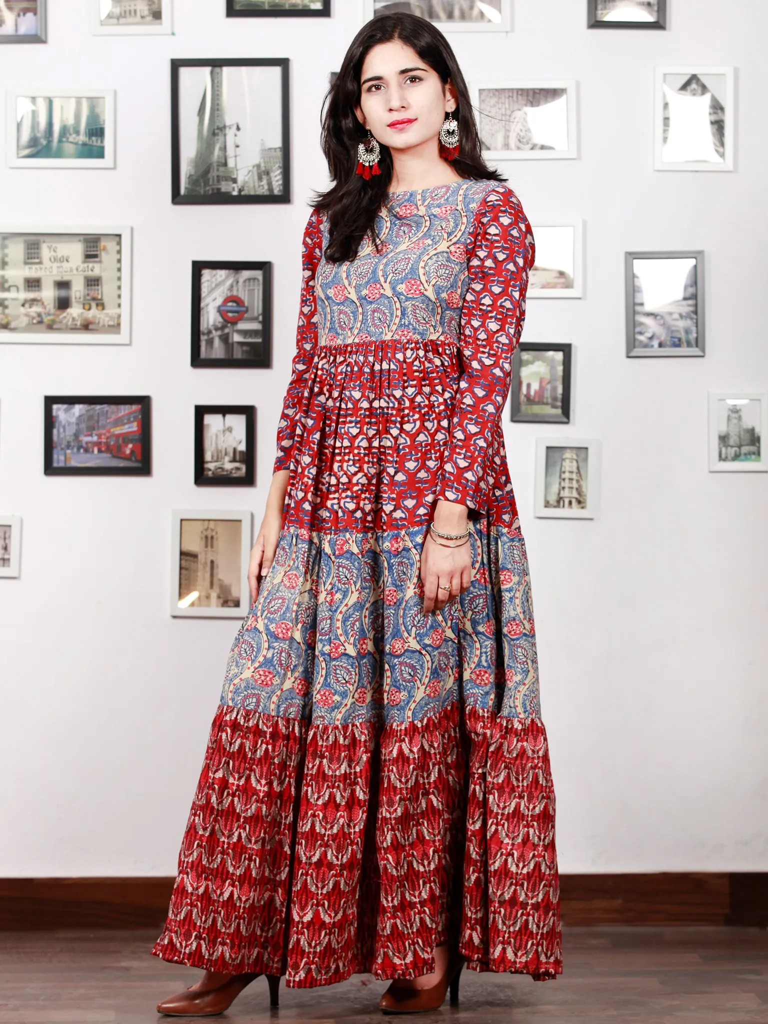 Indigo Red Beige Pink Hand Block Printed Long Cotton Tier Dress  -  D95F1379