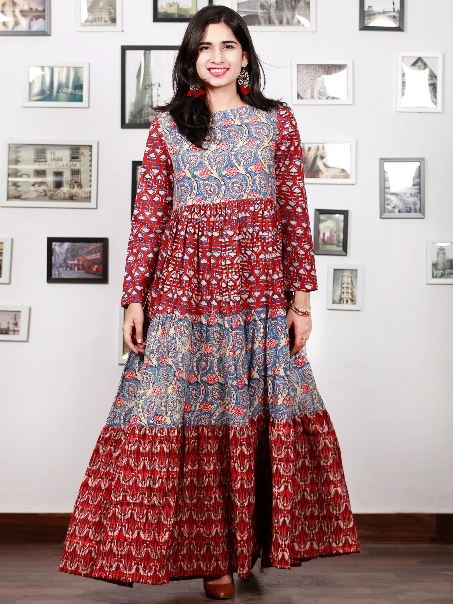 Indigo Red Beige Pink Hand Block Printed Long Cotton Tier Dress  -  D95F1379