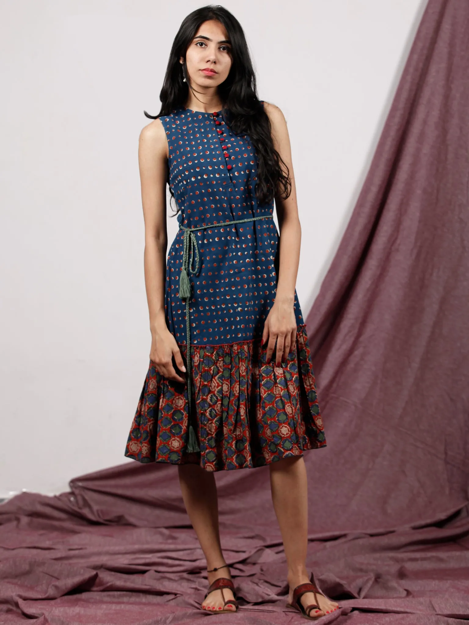 Indigo Red Green Hand Block Printed Sleeveless Dress With Tassels - D230F1317